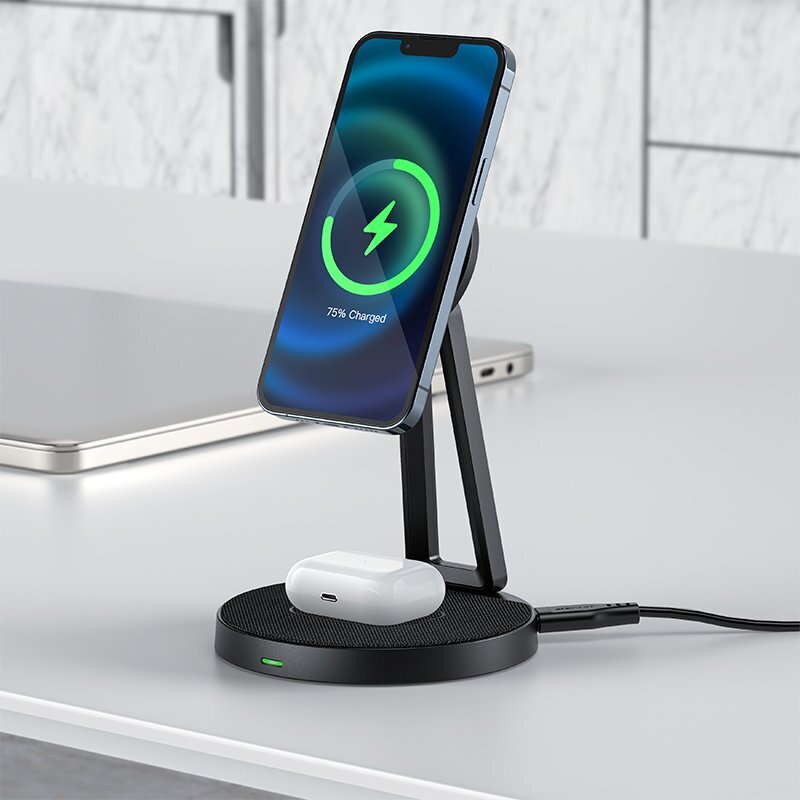 Acefast Qi Wireless Charger 15W for iPhone (with MagSafe) and Apple AirPods Stand Holder Magnetic Holder Black (E8 black) hind ja info | Laadijad mobiiltelefonidele | hansapost.ee