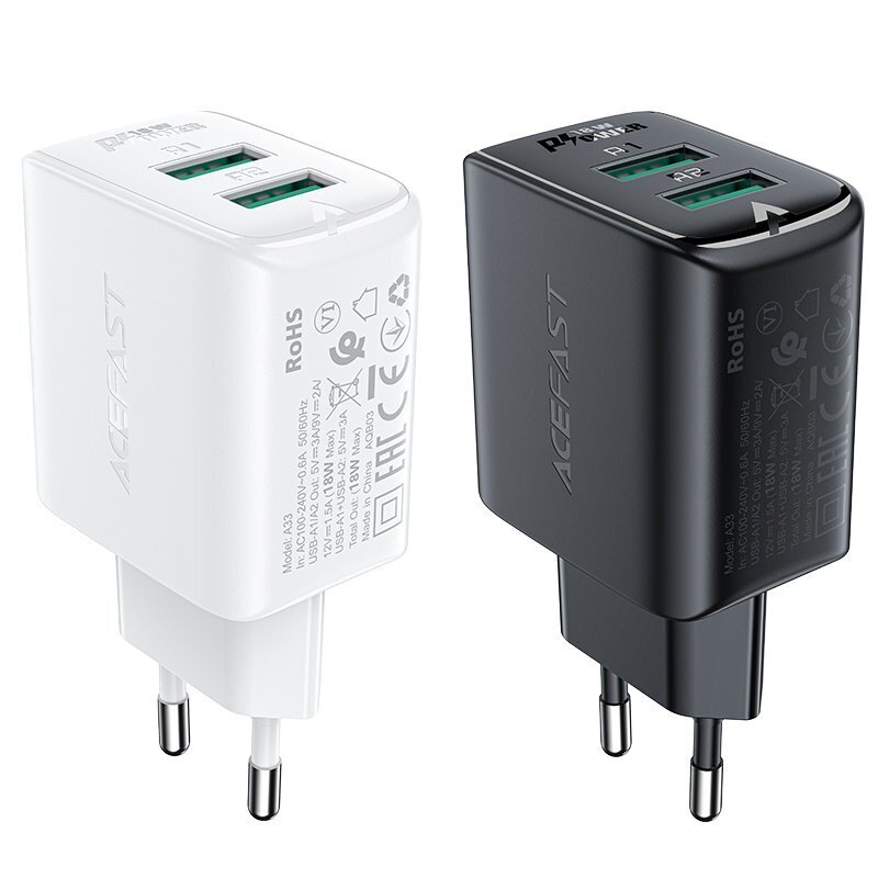 Acefast charger 2x USB 18W QC 3.0, AFC, FCP black (A33 black) цена и информация | Laadijad mobiiltelefonidele | hansapost.ee