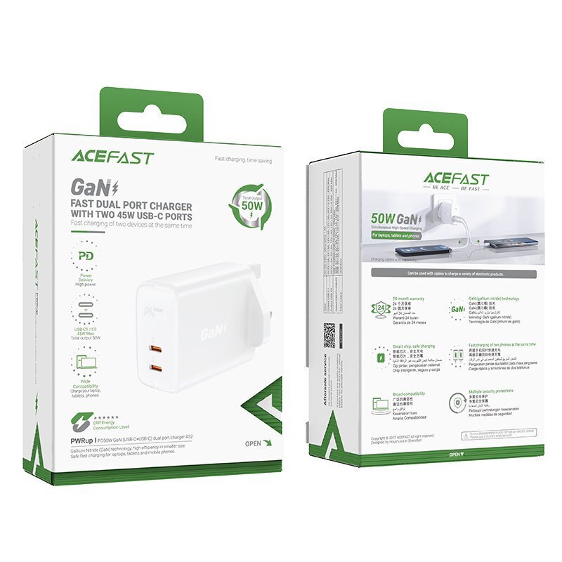 Acefast GaN charger (UK plug) 2x USB Type C 50W, Power Delivery, PPS, Q3 3.0, AFC, FCP (A32 UK) цена и информация | Laadijad mobiiltelefonidele | hansapost.ee