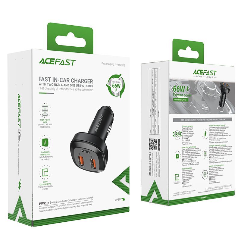 Acefast car charger 66W 2x USB / USB Type C, PPS, Power Delivery, Quick Charge 4.0, AFC, FCP, SCP black (B9) hind ja info | Laadijad mobiiltelefonidele | hansapost.ee