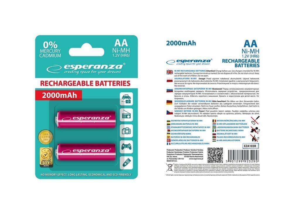 Taaslaetavad AA patareid Esperanza EZA103R, 2000 mAh, punane hind ja info | Patareid | hansapost.ee