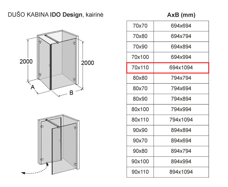 Dušikabiin IDO Design, vasakpoolne 70x110 hind ja info | Dušikabiinid | hansapost.ee
