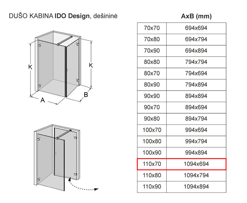 Dušikabiin IDO Design, parempoolne 110x70 цена и информация | Dušikabiinid | hansapost.ee