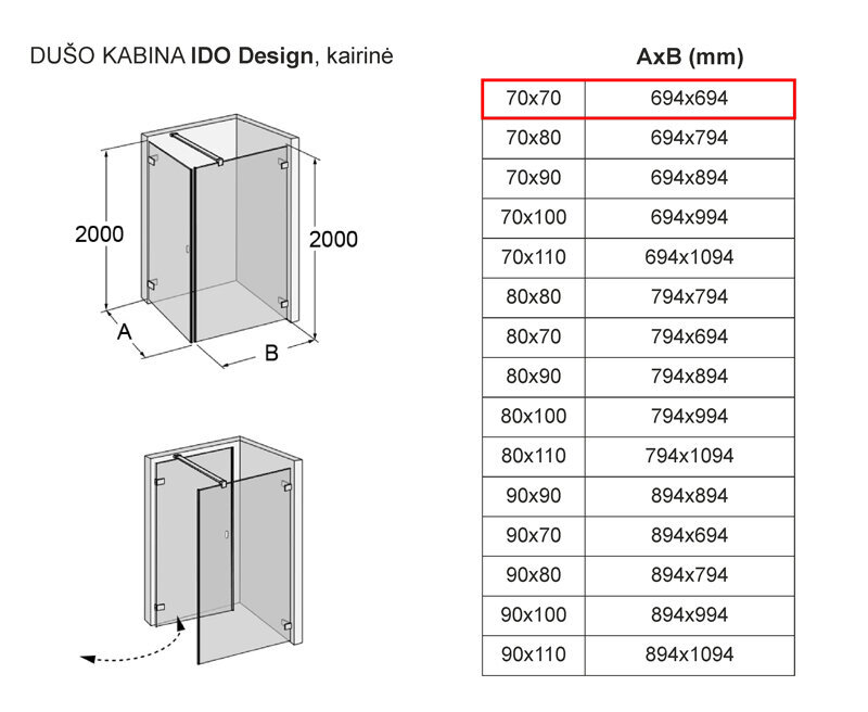 Dušikabiin IDO Design, vasakpoolne 70x70 hind ja info | Dušikabiinid | hansapost.ee