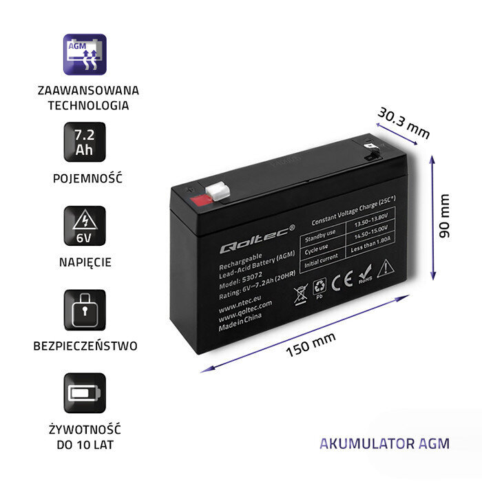 Qoltec 53072 AGM battery | 6V | 7.2 Ah цена и информация | Puhvertoiteallikad | hansapost.ee