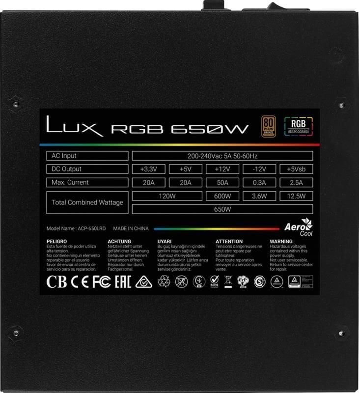 Aerocool AEROPGSLUXRGB-650 цена и информация | Toiteplokid | hansapost.ee