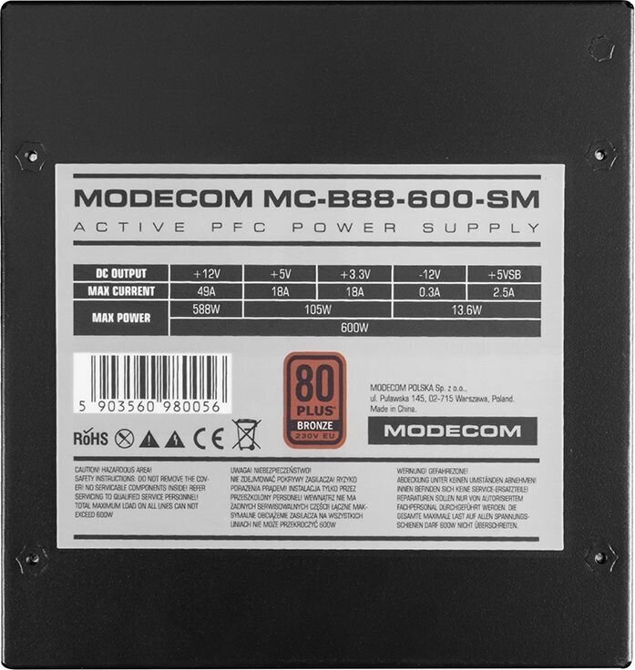 Modecom ZAS-MC-B88-600-ATX-SM hind ja info | Toiteplokid | hansapost.ee