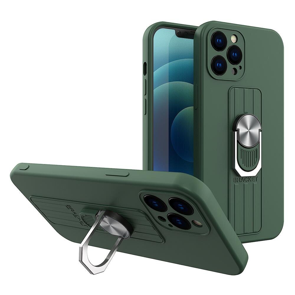 Ring Case silicone case with finger grip and stand for iPhone 12 dark green (Dark green) hind ja info | Telefonide kaitsekaaned ja -ümbrised | hansapost.ee