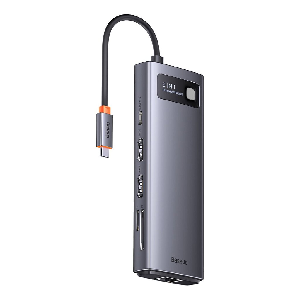 Baseus Metal Gleam Series Docking Station HUB 9 in 1 USB Type C - 2 x HDMI / 2 x USB 3.2 Gen. 1/1 x USB 2.0 / 1 x Power Delivery / 1 x SD card reader / 1 x TF card reader / 1 x RJ-45 gray (WKWG060013) цена и информация | USB adapterid ja jagajad | hansapost.ee