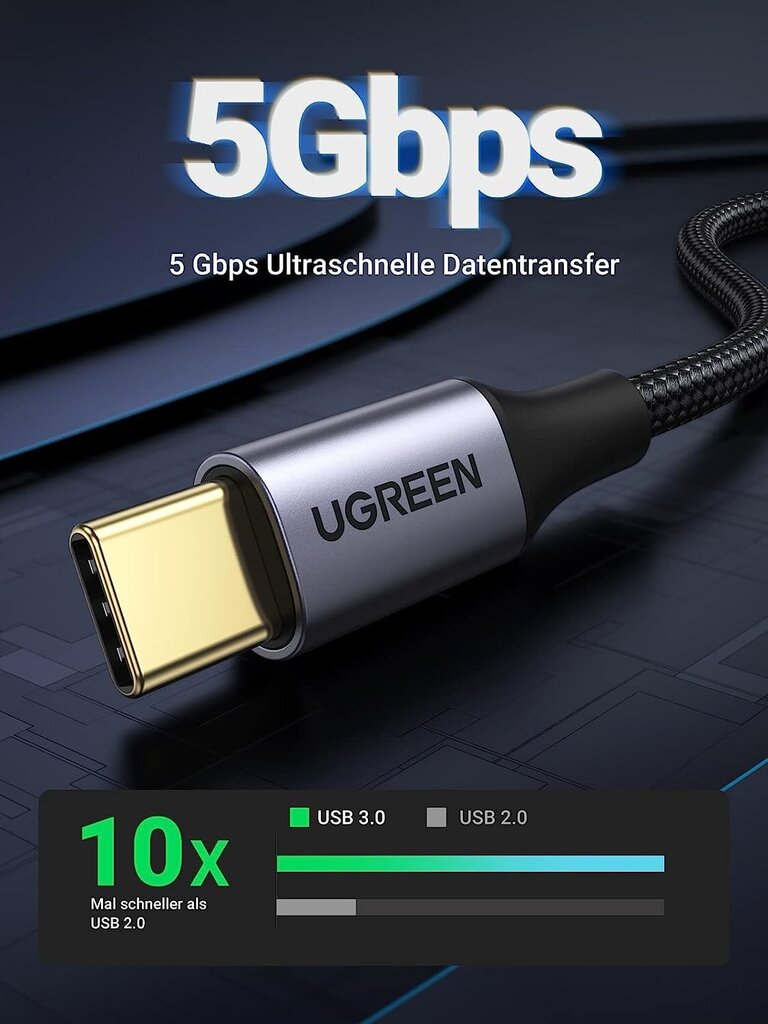 Ugreen US187 USB3.0 A/M to USB-C/M 2M Cable with Dark Gray Aluminum Sheath Black hind ja info | Mobiiltelefonide kaablid | hansapost.ee