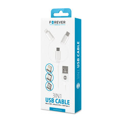 Кабель USB Forever 3in1 нейлоновый micro USB + USB для iPhone + USB type-C, белый цена и информация | Кабели для телефонов | hansapost.ee