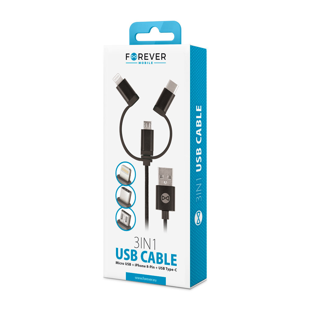 Forever 3in1, USB C, Lightning, USB Micro A, 1 m hind ja info | Mobiiltelefonide kaablid | hansapost.ee