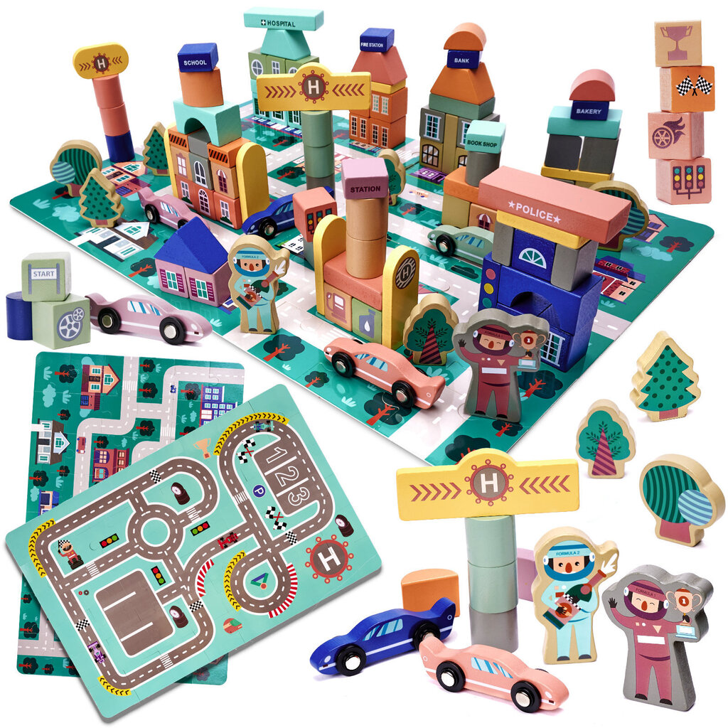 Puitplokkidest õpetlik pusle - võidusõidurada (160 tükki) цена и информация | Arendavad laste mänguasjad | hansapost.ee