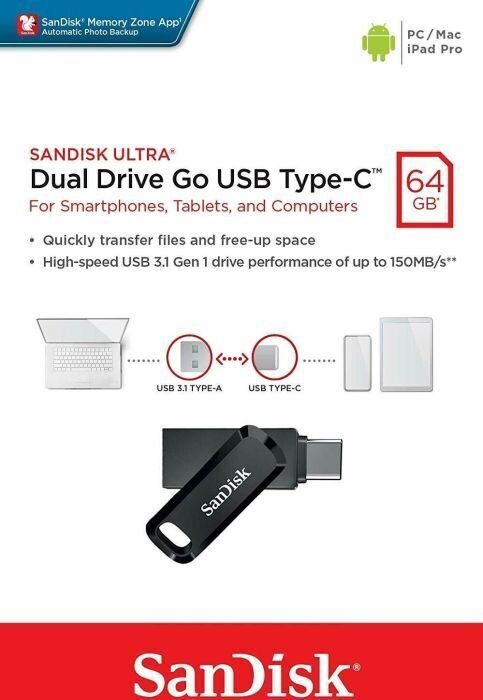 MEMORY DRIVE FLASH USB-C 64GB/SDDDC3-064G-G46 SANDISK hind ja info | Mälupulgad | hansapost.ee