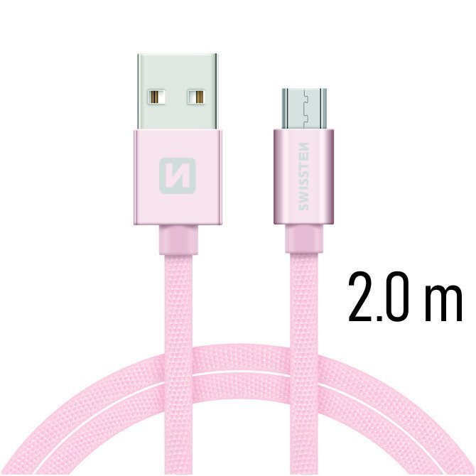 Swissten Textile Quick Charge Universal Micro USB Data and Charging Cable 2.0m Pink hind ja info | Mobiiltelefonide kaablid | hansapost.ee