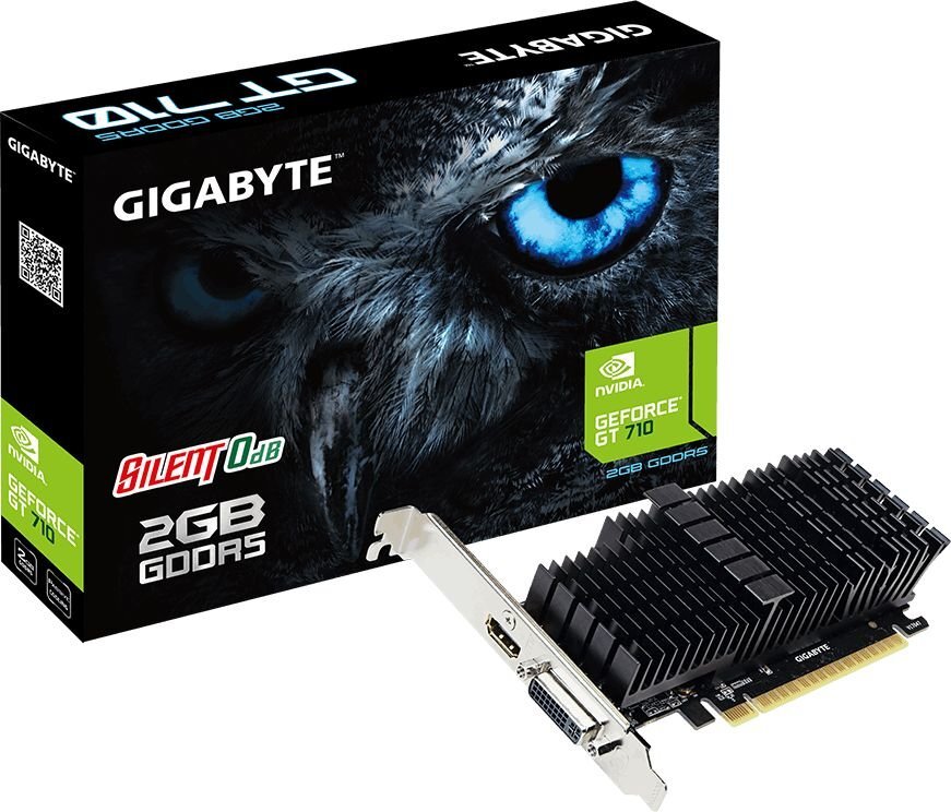 Gigabaidine madala profiiliga NVIDIA, 2 GB, GeForce GT 710, GDDR5, PCI Express 2.0, protsessori sagedus 954 MHz, HDMI portide arv 1, mälu taktsagedus 5010 MHz price and information | Videokaardid | hansapost.ee