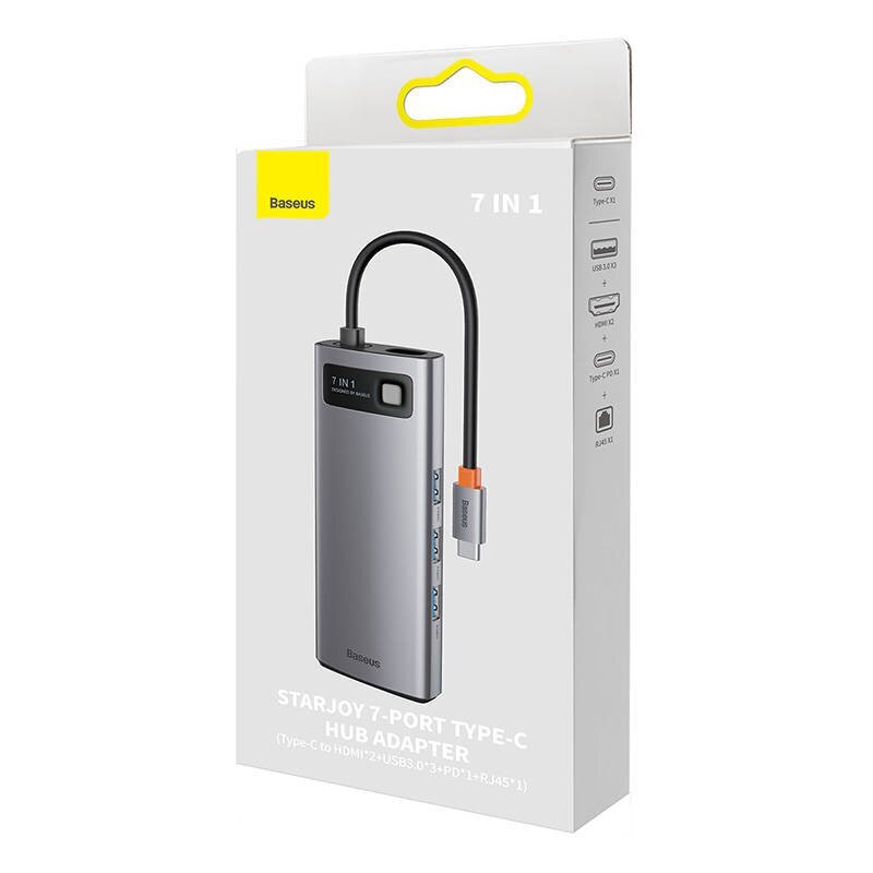 Hub 7in1 Baseus Metal Gleam Series, USB-C to 3x USB 3.0 + 2x HDMI + USB-C PD + Ethernet RJ45 hind ja info | USB adapterid ja jagajad | hansapost.ee