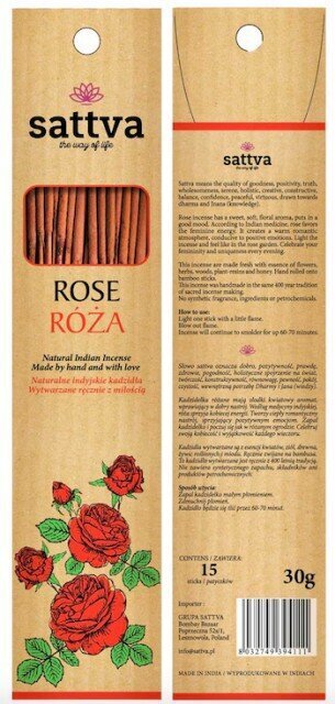 Roosilõhnaga viirukipulgad Sattva Ayurveda Rose, 15 tk цена и информация | Lõhnapulgad ja kodulõhnastajad | hansapost.ee