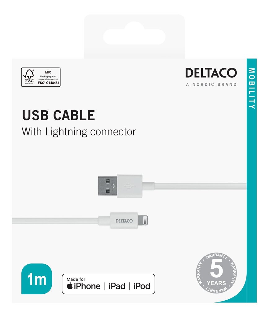 Deltaco IPLH-401 USB-A /Lightning, 1 m hind ja info | Mobiiltelefonide kaablid | hansapost.ee