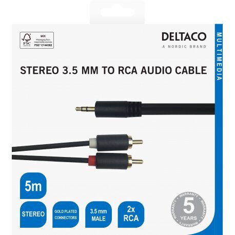 Deltaco 3.5 mm male, 2xRCA male, 5 m hind ja info | Juhtmed ja kaablid | hansapost.ee