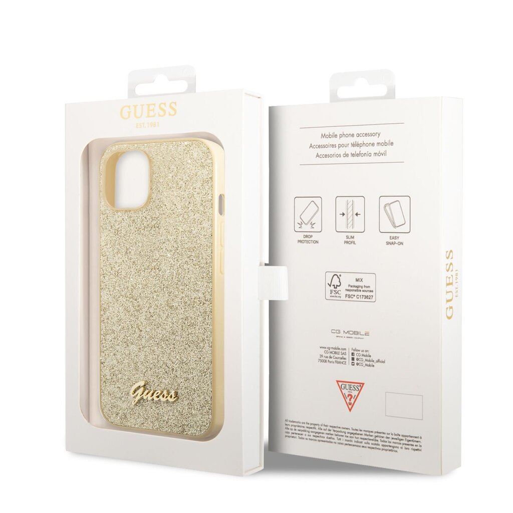Guess PC/TPU Glitter Flakes Metal Logo Case for iPhone 14 Gold hind ja info | Telefonide kaitsekaaned ja -ümbrised | hansapost.ee
