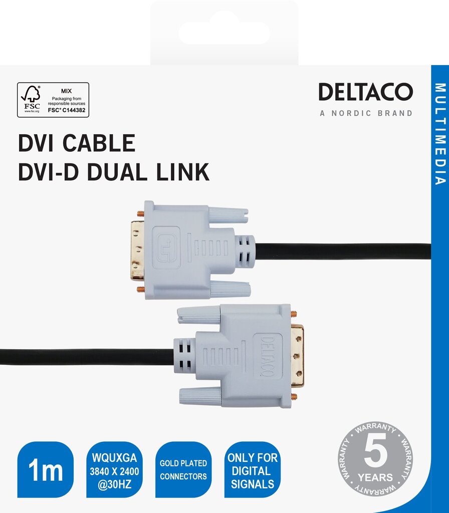 Deltaco, DVI-D Dual Link, 1080p 60Hz, 1 m hind ja info | Juhtmed ja kaablid | hansapost.ee