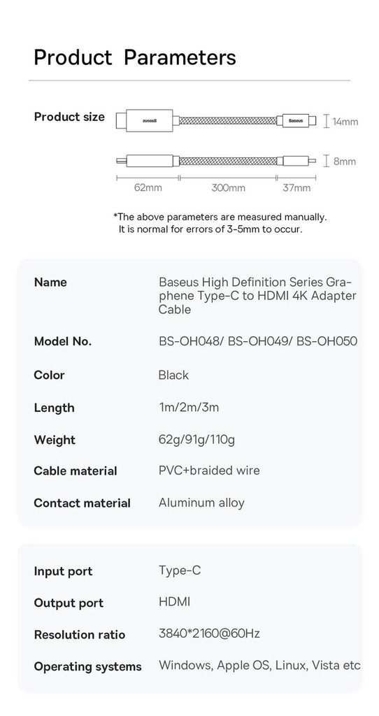 Baseus High Definition Series adapter cable USB Type C - HDMI 2.0 4K 60Hz 3m black (WKGQ010201) цена и информация | Mobiiltelefonide kaablid | hansapost.ee