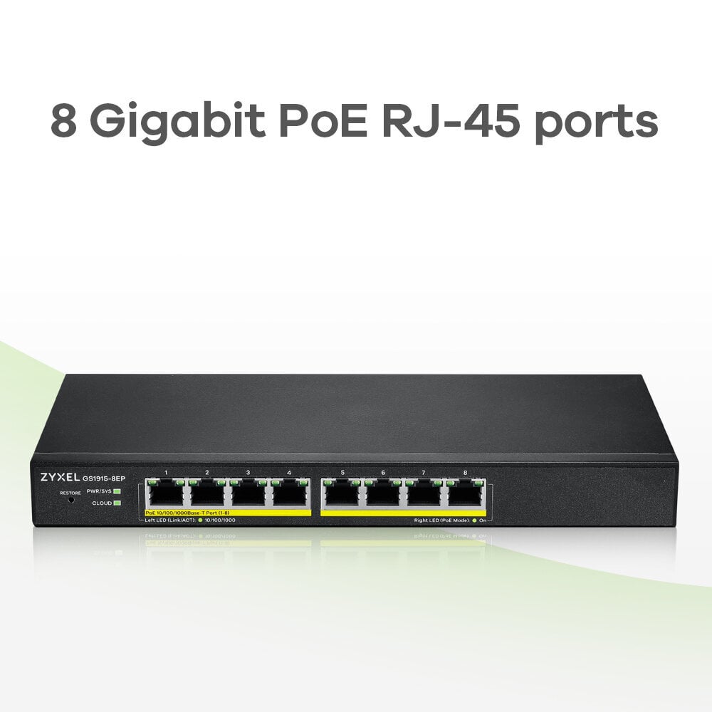 Zyxel GS1915-8EP Managed L2 Gigabit Ethernet (10/100/1000) Power over Ethernet (PoE) Black hind ja info | Võrgulülitid | hansapost.ee