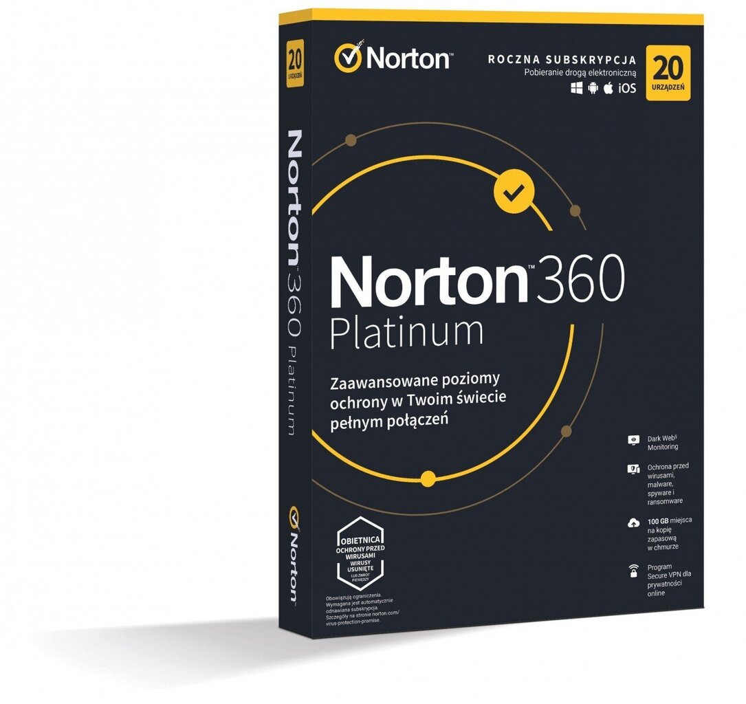 Norton 360 PLATINUM 100GB PL 1kasutaja 20seadet 1aasta 21427517 hind ja info | Viirusetõrjed | hansapost.ee