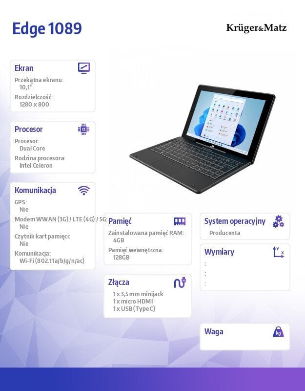 Kruger & Matz PC Tab 2in 1 EDGE 1089 цена и информация | Sülearvutid | hansapost.ee