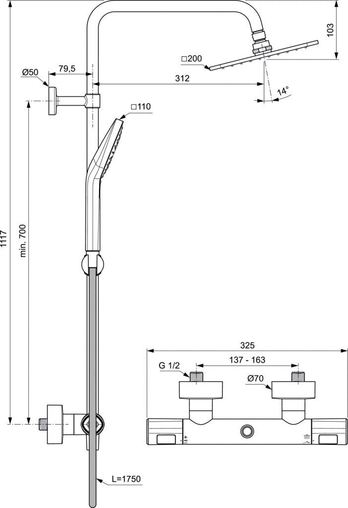 Ideal Standard Ceratherm T100 termostaatiline dušisüsteem koos Ceratherm T100 segisti ja Idealrain Evo käsiduši otsikuga, A7240AA hind ja info | Dušikomplektid ja süsteemid | hansapost.ee