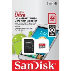 Mälukaardid SanDisk Universal microSDHC Ultra Android 80MB/s 32GB cl. 10 UHS-I + adapter hind ja info | Sandisk Mobiiltelefonid ja lisatarvikud | hansapost.ee