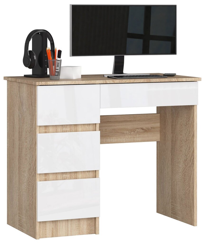 Arvutilaud A-7 90 cm vasakul - sonoma-valge läikiv hind ja info | Arvutilauad, kirjutuslauad | hansapost.ee