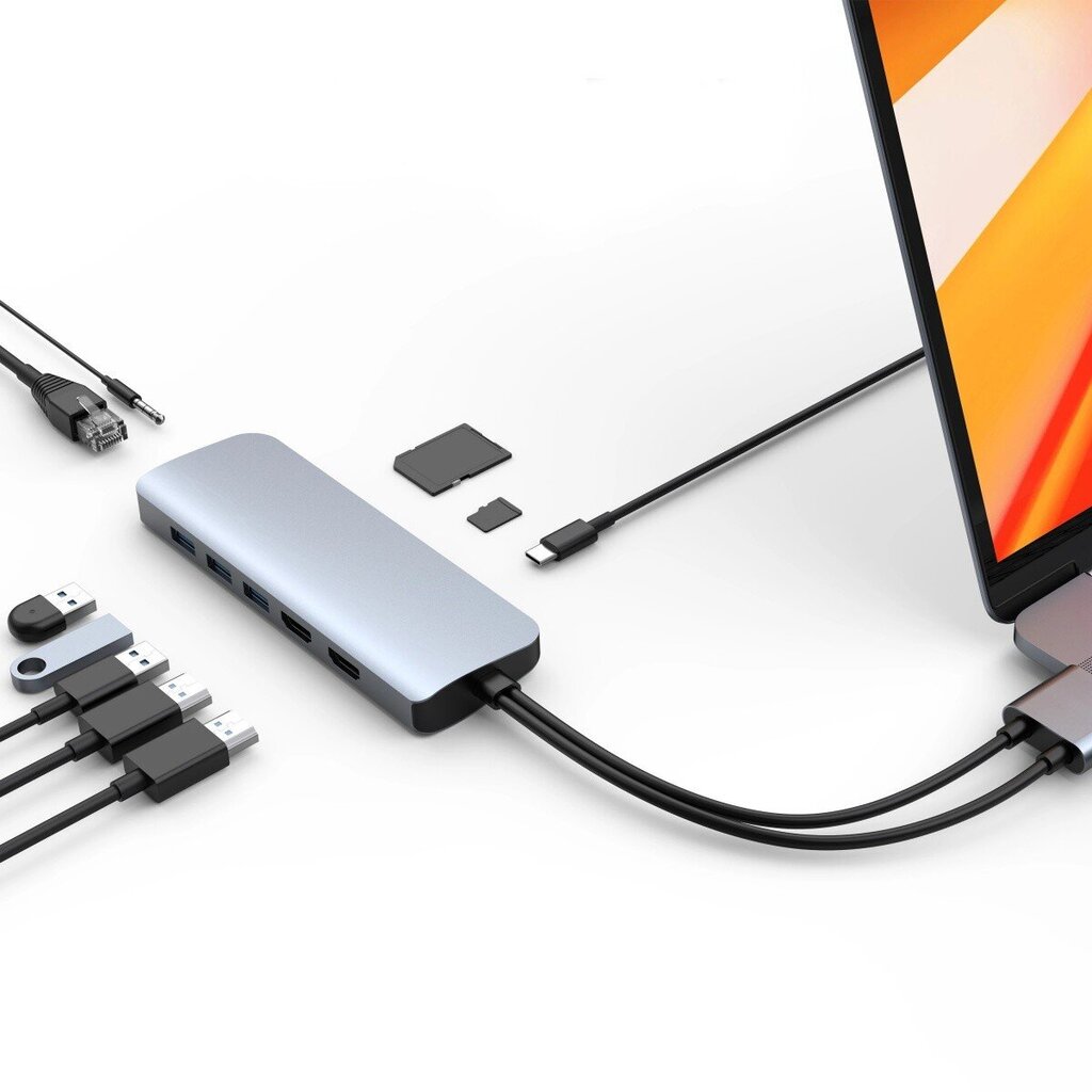 HyperDrive Hyper VIPER 10-in-2 jaotur 2xHDMI / USB-CA / GE / SD / AJ hind ja info | USB adapterid ja jagajad | hansapost.ee