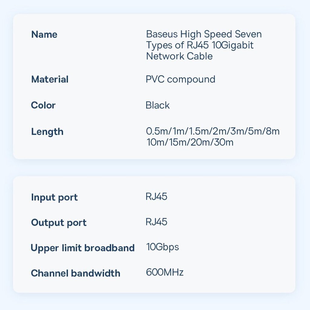 Baseus Speed Seven High Speed RJ45 Network Cable 10Gbps 1m Black (WKJS010101) hind ja info | Juhtmed ja kaablid | hansapost.ee