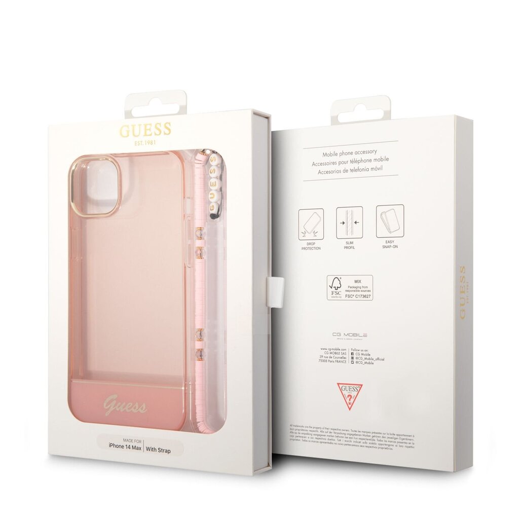 Guess PC/TPU Camera Outline Translucent Case with Strap for iPhone 14 Plus Pink hind ja info | Telefonide kaitsekaaned ja -ümbrised | hansapost.ee