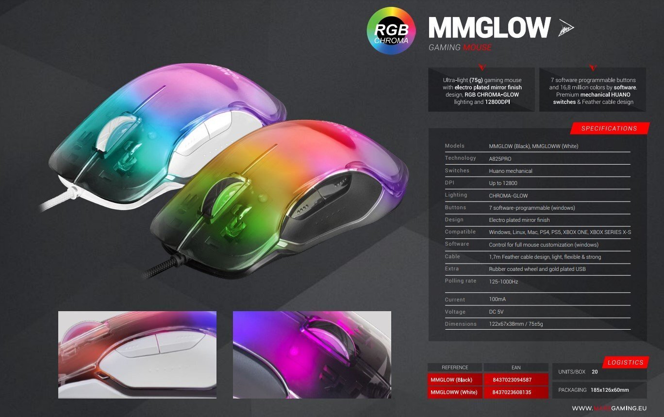 Mars Gaming MMGlow mänguhiir 12800DPI / 1000Hz / Chroma-Glow цена и информация | Arvutihiired | hansapost.ee