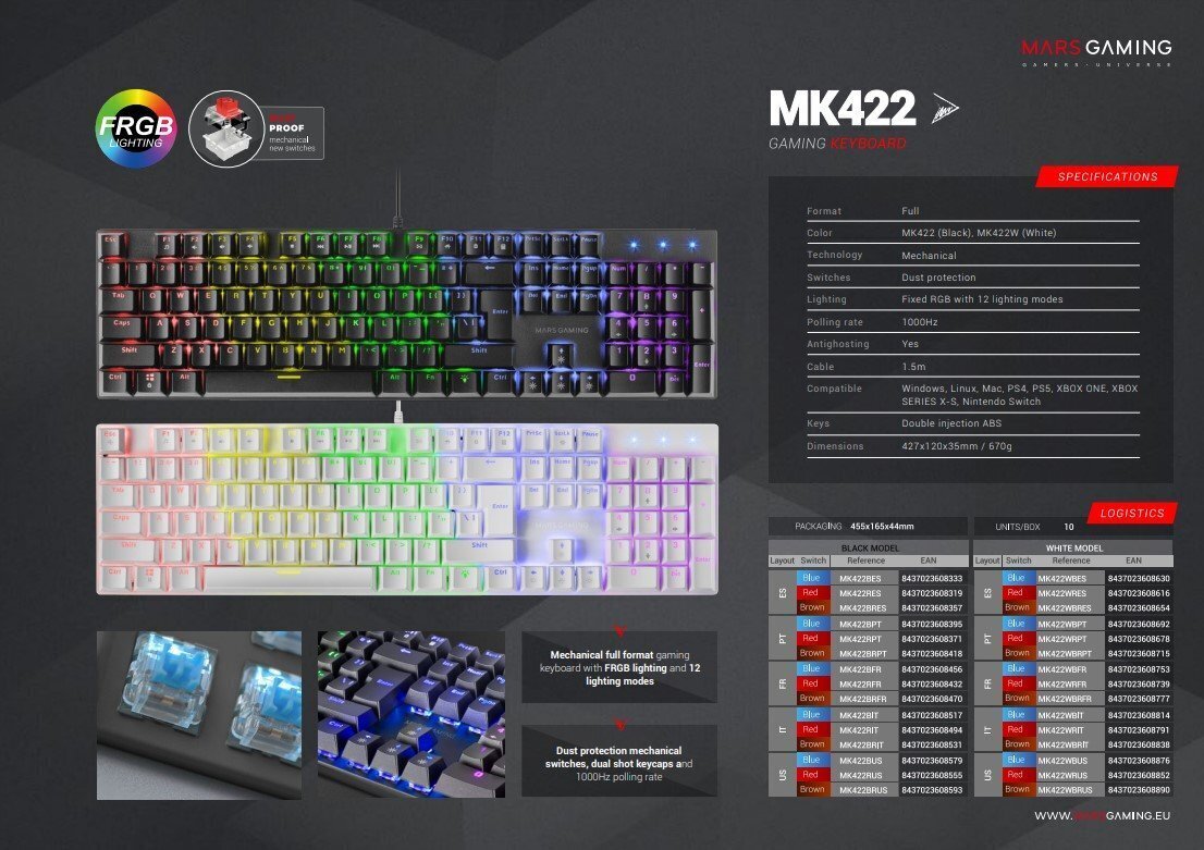 Mars Gaming MK422WBRUS hind ja info | Klaviatuurid | hansapost.ee