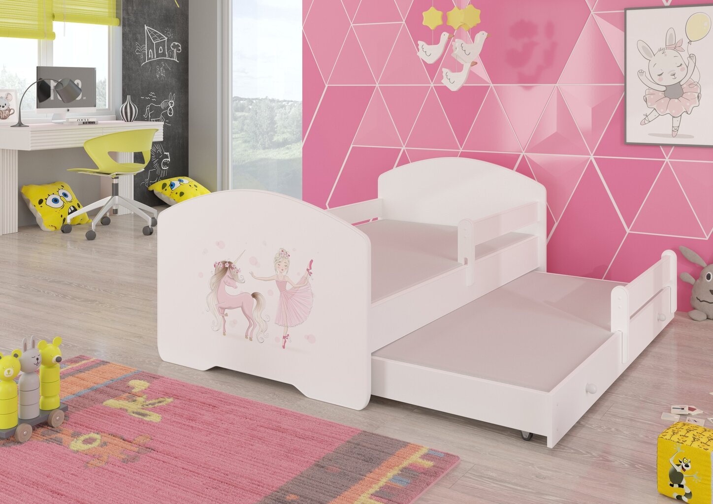 Lastevoodi Pepe II Barrier Ballerina with Unicorn 160x80cm + madrats hind ja info | Lastevoodid | hansapost.ee