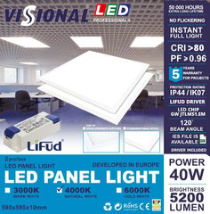 VISIONAL Professional+ LED paneelid (2 tk pakendis) 40W / 5200Lm / LIFUD draiver kaasas / OSRAM LED kiibid / MITTE FLICKER / IP44 / IK07 / PF≥0.96 / CRI>80 / PMAA 3mm klaas / 120° / IES Files / 595 x 595 mm / 1 TÜKI HIND hind ja info | Süvistatavad LED valgustid | hansapost.ee