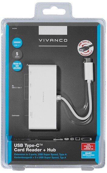 Vivanco USB hub USB-C + card reader, white (34295) цена и информация | USB adapterid ja jagajad | hansapost.ee