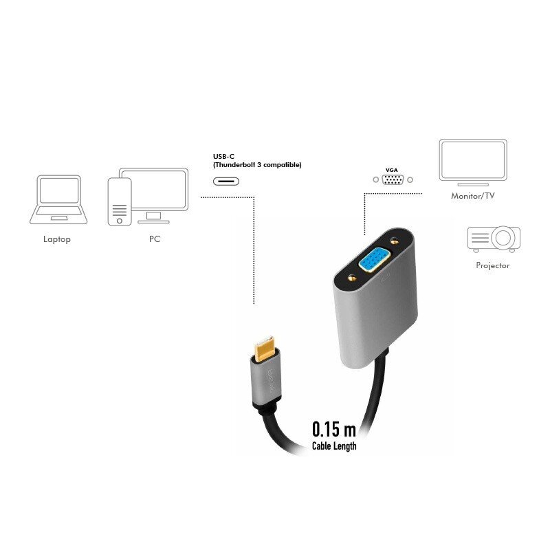 USB-C to VGA adapter, 1080p, alu, 0.15m цена и информация | USB adapterid ja jagajad | hansapost.ee