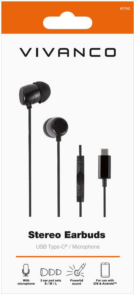 Vivanco kõrvaklapid + mikrofon Stereo Earbuds USB-C, must (61752) hind ja info | Kõrvaklapid | hansapost.ee