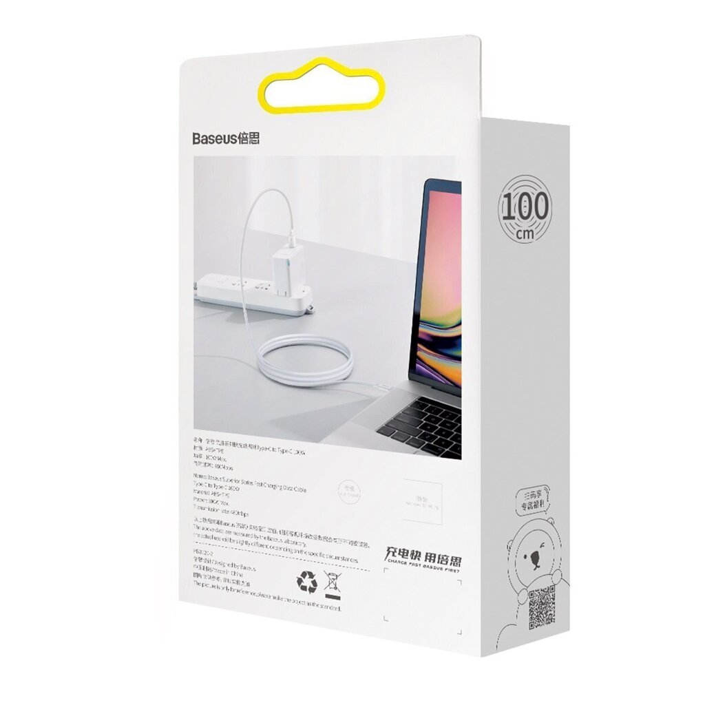 Baseus Superior Series Cable USB-C to USB-C, 100W, 1m (white) hind ja info | Mobiiltelefonide kaablid | hansapost.ee