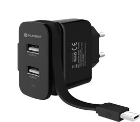 Зарядное устройство 2xUSB + выдвижной кабель Micro USB 3.4A [44653] цена и информация | Зарядные устройства для телефонов | hansapost.ee
