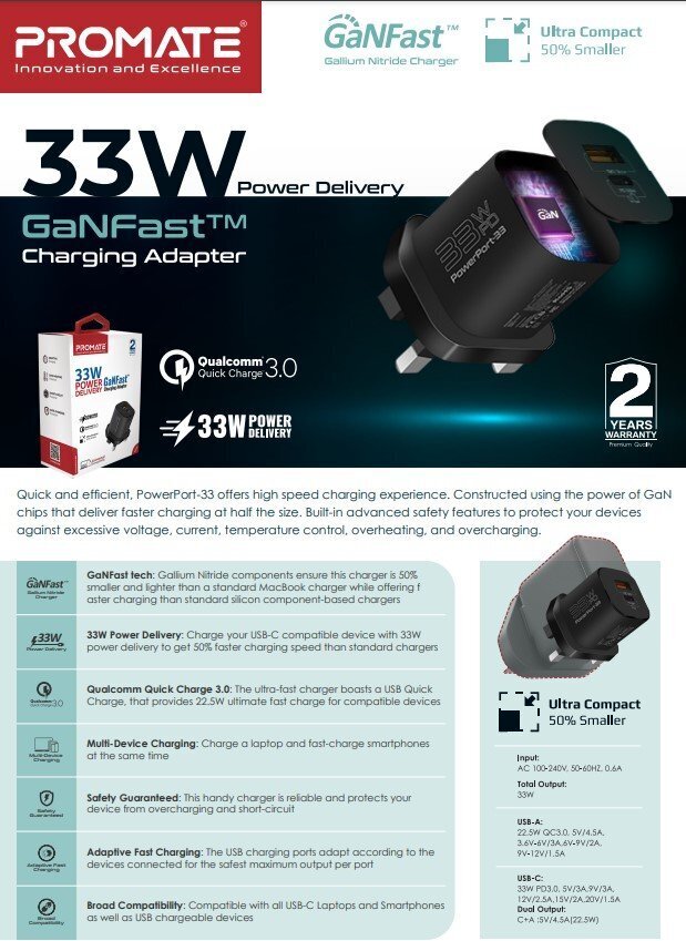 PROMATE PowerPort-33 GaNFast laadija adapter 33W / USB-C PD / USB-A hind ja info | Laadijad mobiiltelefonidele | hansapost.ee