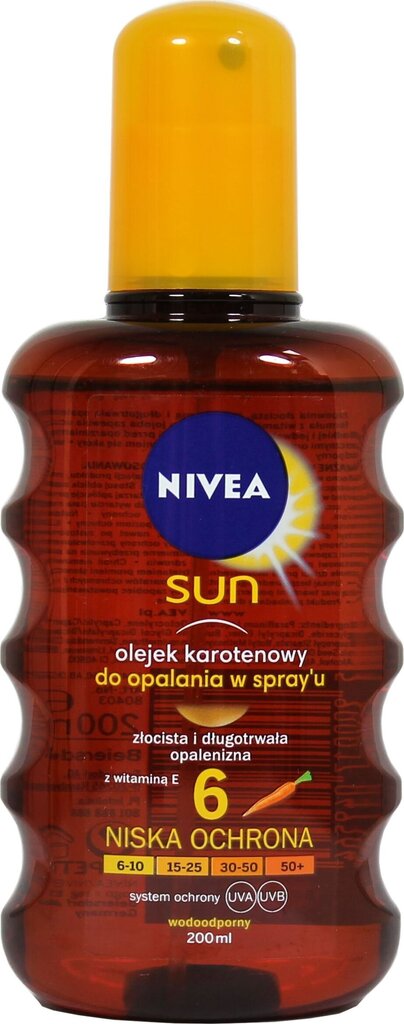 Kaitsev õlisprei päikese eest SPF6 Nivea Sun, 200 ml hind ja info | Päikesekaitse ja päevitusjärgsed kreemid | hansapost.ee