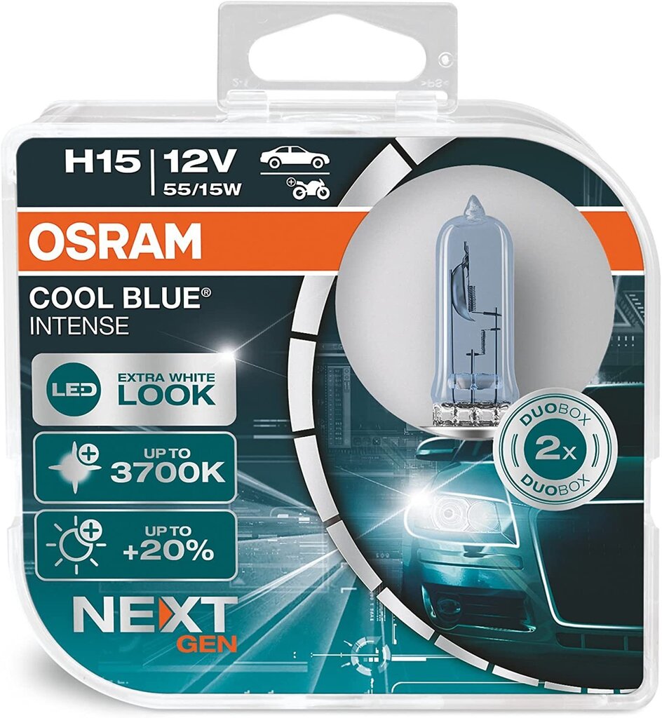 Osram Cool Blue® intensiivne H15, +20% suurem heledus, kuni 3700k, halogeeni esitulelamp, LED-välimus, duo kast (2 lampi), 64176cbn-HCB hind ja info | Autopirnid | hansapost.ee