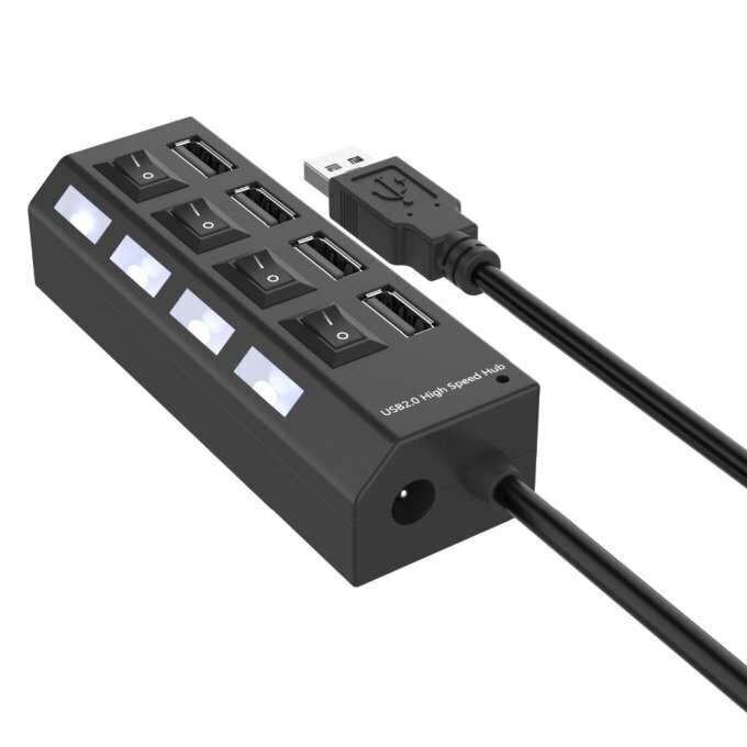 RoGer USB Hub - Splitter 4 x USB 2.0 with Separate On / Off Buttons Black цена и информация | USB adapterid ja jagajad | hansapost.ee