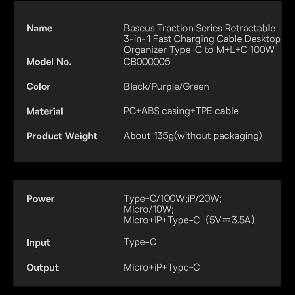 Baseus 3-in-1 USB Type C - micro USB / USB Type C / Lightning, 100W 1.7m (CAQY000006) hind ja info | USB adapterid ja jagajad | hansapost.ee